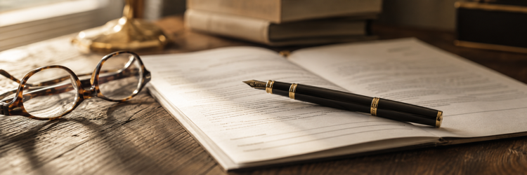 A real estate contract on a wooden desk with a fountain pen and reading glasses