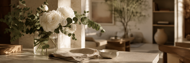 A prepared home interior with fresh flowers and warm afternoon light